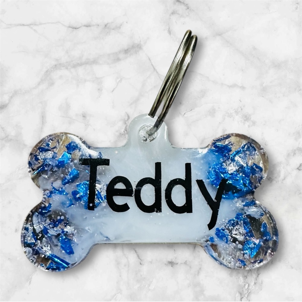 Blue and White Dog Collar tag with Sparkly Bone Charm
